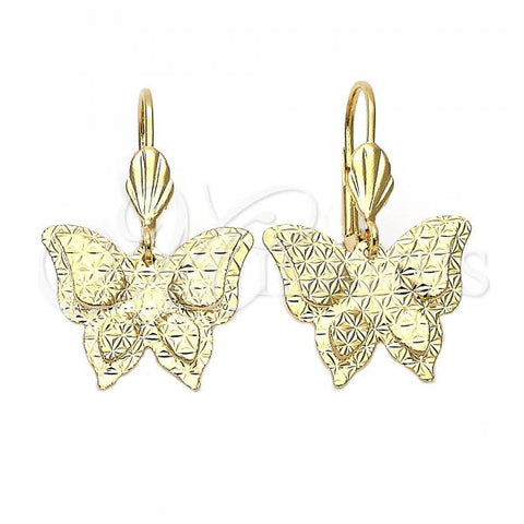 Oro Laminado Dangle Earring, Gold Filled Style Butterfly and Flower Design, Diamond Cutting Finish, Golden Finish, 5.066.013