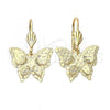 Oro Laminado Dangle Earring, Gold Filled Style Butterfly and Flower Design, Diamond Cutting Finish, Golden Finish, 5.066.013