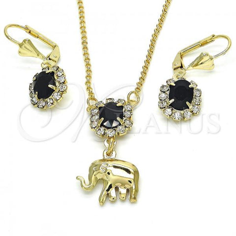 Oro Laminado Earring and Pendant Adult Set, Gold Filled Style Elephant Design, with Black and White Crystal, Polished, Golden Finish, 10.122.0007.1
