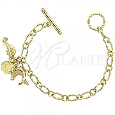 Oro Laminado Charm Bracelet, Gold Filled Style Dolphin Design, Diamond Cutting Finish, Golden Finish, 5.023.005