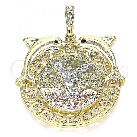 Oro Laminado Religious Pendant, Gold Filled Style Centenario Coin and Angel Design, with Black Crystal, Polished, Tricolor, 05.380.0023