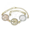 Oro Laminado Fancy Bracelet, Gold Filled Style Tree Design, with White Crystal, Polished, Tricolor, 03.380.0122.07
