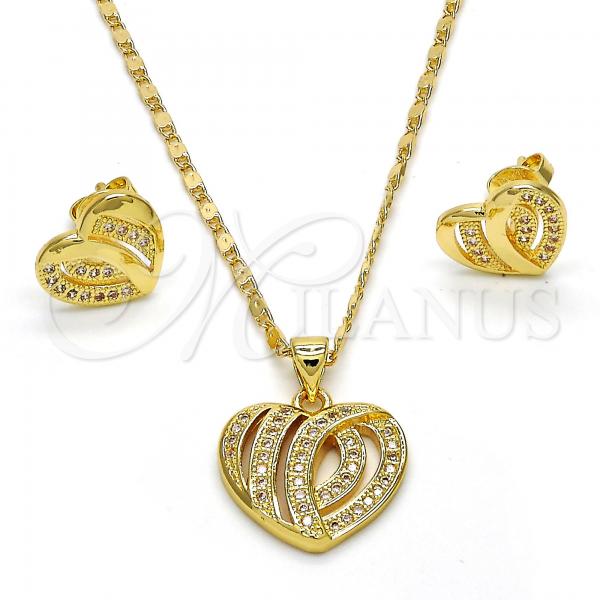 Oro Laminado Earring and Pendant Adult Set, Gold Filled Style Heart Design, with White Micro Pave, Polished, Golden Finish, 10.199.0034