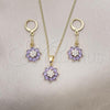Oro Laminado Earring and Pendant Adult Set, Gold Filled Style Flower Design, with Amethyst and White Cubic Zirconia, Polished, Golden Finish, 10.387.0011.2