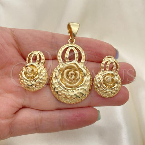 Oro Laminado Earring and Pendant Adult Set, Gold Filled Style Flower Design, Matte Finish, Golden Finish, 10.91.0297