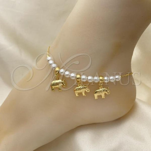 Oro Laminado Fancy Anklet, Gold Filled Style Elephant and Ball Design, with Ivory Pearl, Polished, Golden Finish, 03.32.0632.10