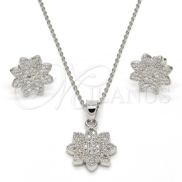 Sterling Silver Earring and Pendant Adult Set, Flower Design, with White Micro Pave, Polished, Rhodium Finish, 10.174.0208