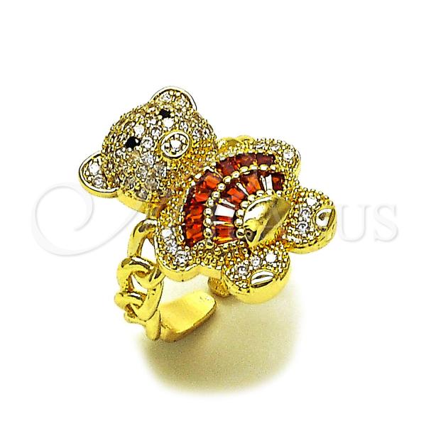 Oro Laminado Multi Stone Ring, Gold Filled Style Teddy Bear and Baguette Design, with Garnet Cubic Zirconia and White Micro Pave, Polished, Golden Finish, 01.284.0108.1