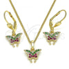 Oro Laminado Earring and Pendant Adult Set, Gold Filled Style Butterfly Design, with Multicolor Micro Pave, Polished, Golden Finish, 10.210.0148.1