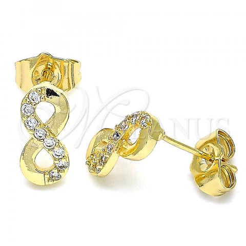 Oro Laminado Stud Earring, Gold Filled Style Infinite Design, with White Micro Pave, Polished, Golden Finish, 02.210.0425