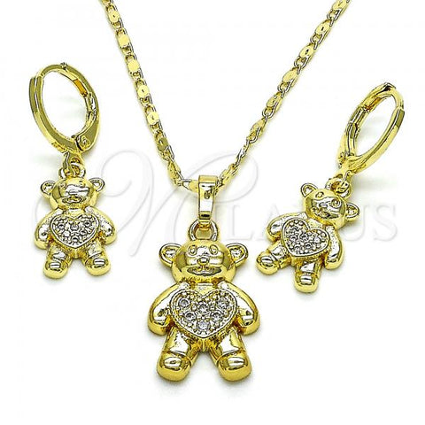 Oro Laminado Earring and Pendant Adult Set, Gold Filled Style Teddy Bear and Heart Design, with White Micro Pave, Polished, Golden Finish, 10.196.0058