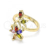 Oro Laminado Multi Stone Ring, Gold Filled Style Flower and Leaf Design, with Multicolor Cubic Zirconia, Polished, Golden Finish, 01.210.0144.07