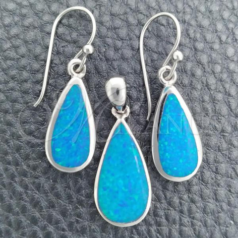 Sterling Silver Earring and Pendant Adult Set, Teardrop Design, with Bermuda Blue Opal, Polished, Silver Finish, 10.391.0027