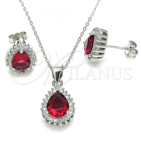 Sterling Silver Earring and Pendant Adult Set, Teardrop Design, with Garnet and White Cubic Zirconia, Polished, Rhodium Finish, 10.175.0079.3