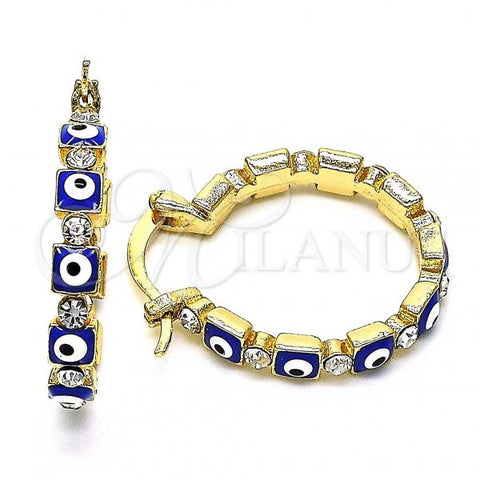Oro Laminado Small Hoop, Gold Filled Style Evil Eye Design, with White Crystal, Blue Enamel Finish, Golden Finish, 02.213.0365.2.25