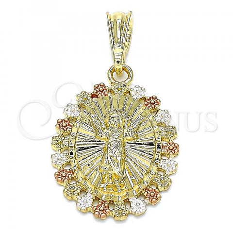 Oro Laminado Religious Pendant, Gold Filled Style Divino Niño and Flower Design, Polished, Tricolor, 05.380.0056