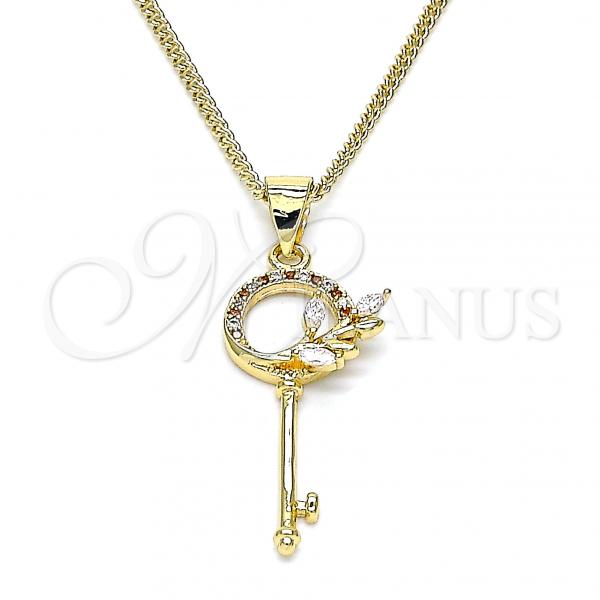 Oro Laminado Pendant Necklace, Gold Filled Style key and Leaf Design, with Garnet and White Micro Pave, Polished, Golden Finish, 04.156.0433.1.20