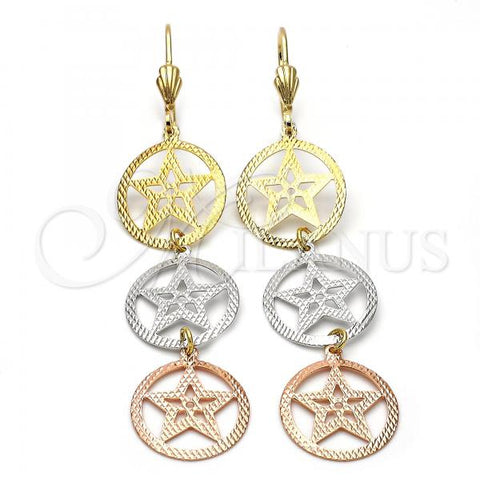 Oro Laminado Long Earring, Gold Filled Style Star Design, Diamond Cutting Finish, Tricolor, 5.115.013