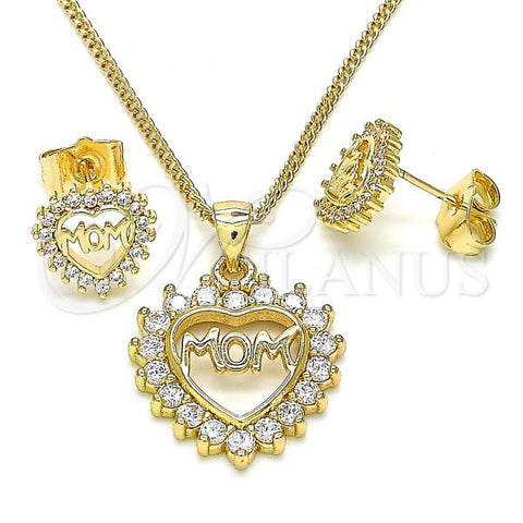 Oro Laminado Earring and Pendant Adult Set, Gold Filled Style Mom and Heart Design, with White Cubic Zirconia, Polished, Golden Finish, 10.156.0416