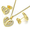 Oro Laminado Earring and Pendant Adult Set, Gold Filled Style Heart Design, with White Micro Pave, Polished, Golden Finish, 10.94.0002