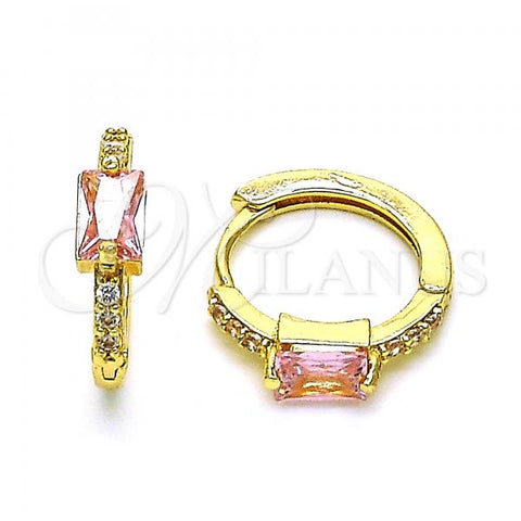 Oro Laminado Huggie Hoop, Gold Filled Style with Pink Cubic Zirconia and White Micro Pave, Polished, Golden Finish, 02.210.0483.7.15