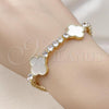 Oro Laminado Fancy Bracelet, Gold Filled Style Four-leaf Clover Design, with Ivory Mother of Pearl and White Cubic Zirconia, Polished, Golden Finish, 03.284.0048.07