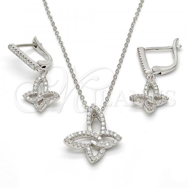 Sterling Silver Earring and Pendant Adult Set, Butterfly Design, with White Cubic Zirconia, Polished, Rhodium Finish, 10.286.0015