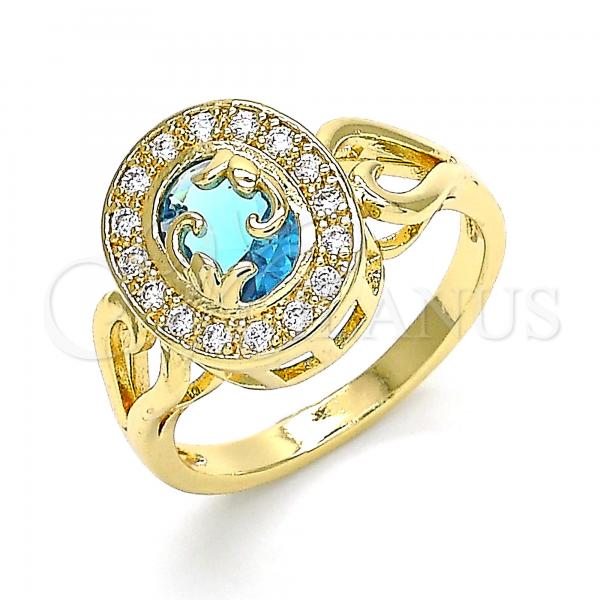 Oro Laminado Multi Stone Ring, Gold Filled Style with Blue Topaz and White Cubic Zirconia, Polished, Golden Finish, 01.210.0120.2.06