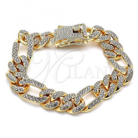 Oro Laminado Basic Bracelet, Gold Filled Style Figaro Design, with White Crystal, Polished, Golden Finish, 03.372.0003.08
