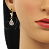 Oro Laminado Dangle Earring, Gold Filled Style Teardrop Design, with Rose and White Crystal, Polished, Golden Finish, 02.122.0116.2