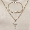 Oro Laminado Necklace and Bracelet, Gold Filled Style Crucifix and Figaro Design, Polished, Golden Finish, 06.63.0278