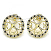 Oro Laminado Stud Earring, Gold Filled Style Flower Design, with Black and White Micro Pave, Polished, Golden Finish, 02.233.0017.1