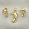 Oro Laminado Earring and Pendant Adult Set, Gold Filled Style Dolphin Design, with White Crystal, Polished, Golden Finish, 10.59.0177