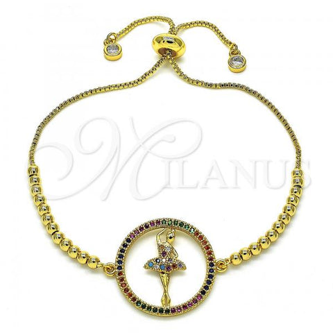 Oro Laminado Adjustable Bolo Bracelet, Gold Filled Style with Multicolor Micro Pave, Polished, Golden Finish, 03.341.0008.10