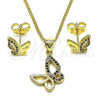 Oro Laminado Earring and Pendant Adult Set, Gold Filled Style Butterfly Design, with Multicolor Micro Pave, Polished, Golden Finish, 10.156.0452.1