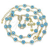Oro Laminado Medium Rosary, Gold Filled Style Guadalupe and Evil Eye Design, Light Blue Resin Finish, Golden Finish, 09.63.0107.4.18