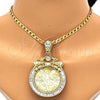 Oro Laminado Religious Pendant, Gold Filled Style Greek Key and Centenario Coin Design, with White and Ruby Cubic Zirconia, Polished, Golden Finish, 05.26.0043