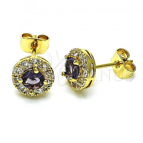 Oro Laminado Stud Earring, Gold Filled Style with Amethyst and White Cubic Zirconia, Polished, Golden Finish, 02.344.0081.3