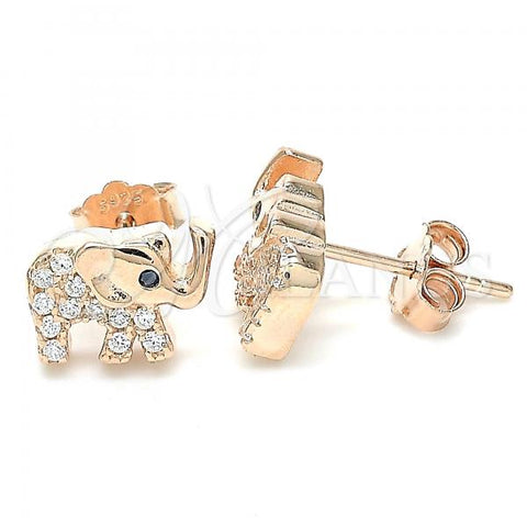 Sterling Silver Stud Earring, Elephant Design, with White Cubic Zirconia and Black Crystal, Polished, Rose Gold Finish, 02.336.0138.1