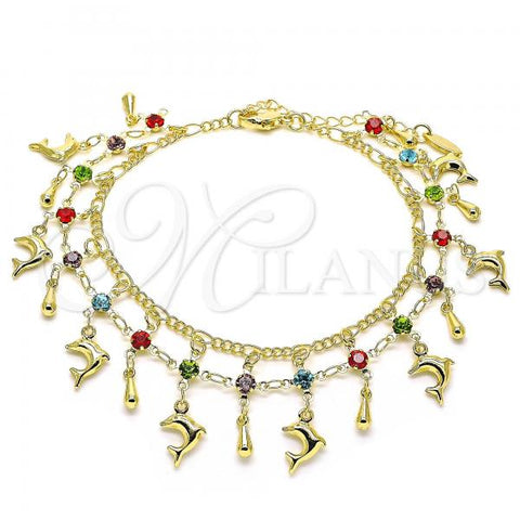 Oro Laminado Charm Anklet , Gold Filled Style Dolphin and Teardrop Design, with Multicolor Crystal, Polished, Golden Finish, 03.383.0005.10