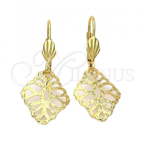 Oro Laminado Dangle Earring, Gold Filled Style Leaf Design, Diamond Cutting Finish, Golden Finish, 5.068.017