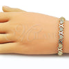 Oro Laminado Tennis Bracelet, Gold Filled Style Heart and Hugs and Kisses Design, Matte Finish, Golden Finish, 03.213.0356.07