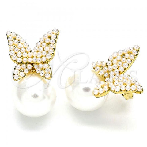 Oro Laminado Stud Earring, Gold Filled Style Butterfly Design, with Ivory Pearl, Polished, Golden Finish, 02.379.0010