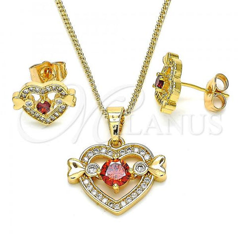 Oro Laminado Earring and Pendant Adult Set, Gold Filled Style Heart Design, with Garnet and White Cubic Zirconia, Polished, Golden Finish, 10.210.0119