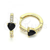 Oro Laminado Huggie Hoop, Gold Filled Style Heart Design, with Black Cubic Zirconia and White Micro Pave, Polished, Golden Finish, 02.210.0482.5.15