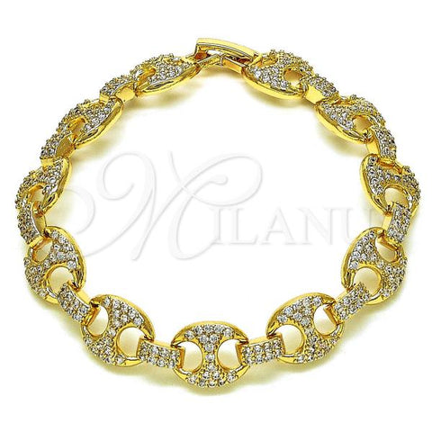 Oro Laminado Fancy Bracelet, Gold Filled Style Puff Mariner Design, with White Micro Pave, Polished, Golden Finish, 03.283.0319.08