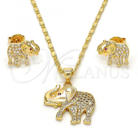 Oro Laminado Earring and Pendant Adult Set, Gold Filled Style Elephant Design, with White and Ruby Micro Pave, Polished, Golden Finish, 10.199.0079