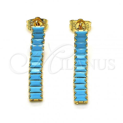 Oro Laminado Long Earring, Gold Filled Style Baguette Design, with Turquoise Cubic Zirconia, Polished, Golden Finish, 02.403.0001.7