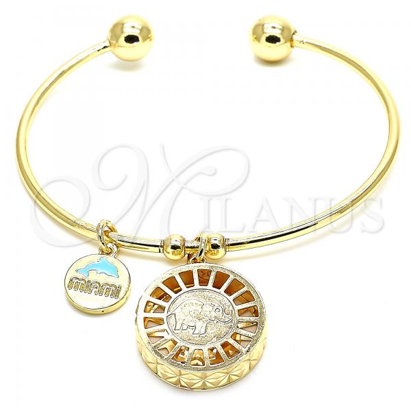 Oro Laminado Individual Bangle, Gold Filled Style Elephant and Dolphin Design, with White Cubic Zirconia, Diamond Cutting Finish, Golden Finish, 07.106.0004 (02 MM Thickness, One size fits all)