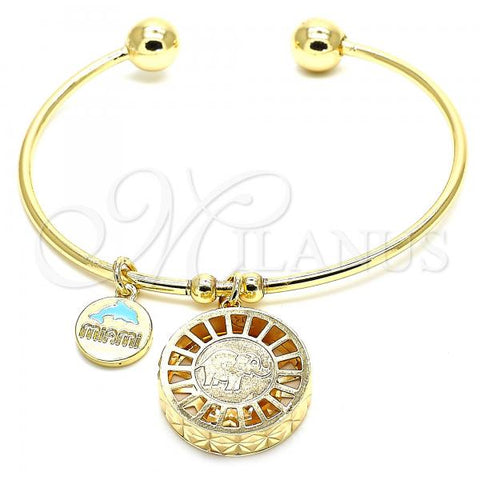 Oro Laminado Individual Bangle, Gold Filled Style Elephant and Dolphin Design, with White Cubic Zirconia, Diamond Cutting Finish, Golden Finish, 07.106.0004 (02 MM Thickness, One size fits all)